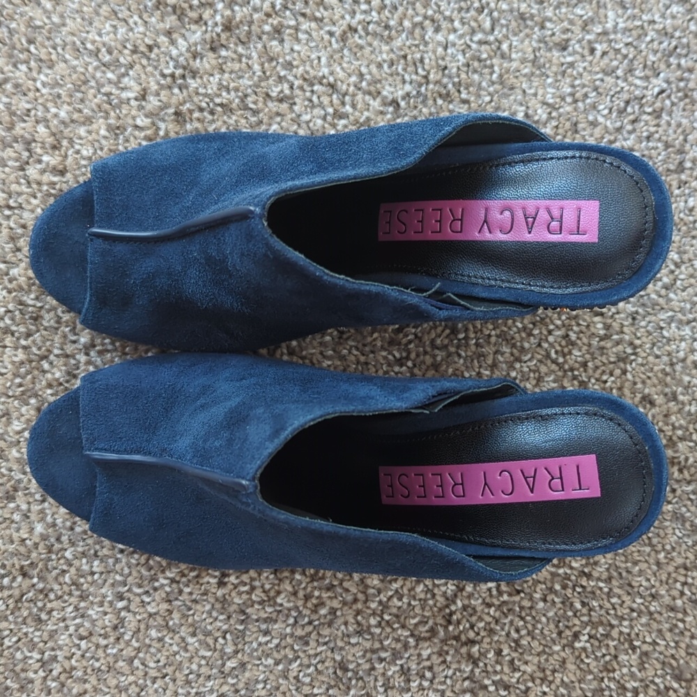 Tracy Reese Blue Suede Peep Toe Mule Shoes - Picture 4 of 10